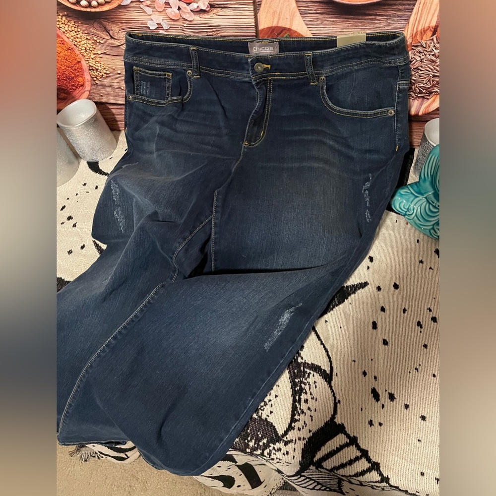 NWT Chico’s Denim Destructed Boyfriend Jeans Size 2.5R Dark Hand Sand Wash